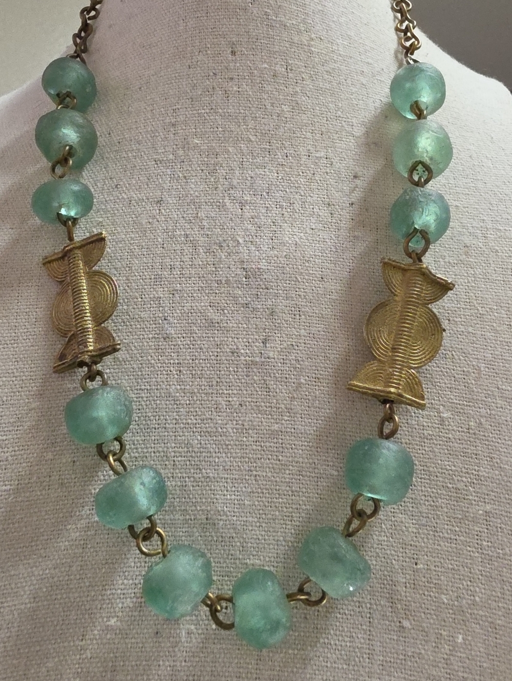 Vintage W. African Recycled Krobo Seafoam Glass & Lost Wax Brass Necklace